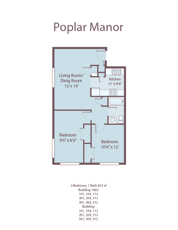 Floor plan for 2 beds, 1 bath, 810 sqft